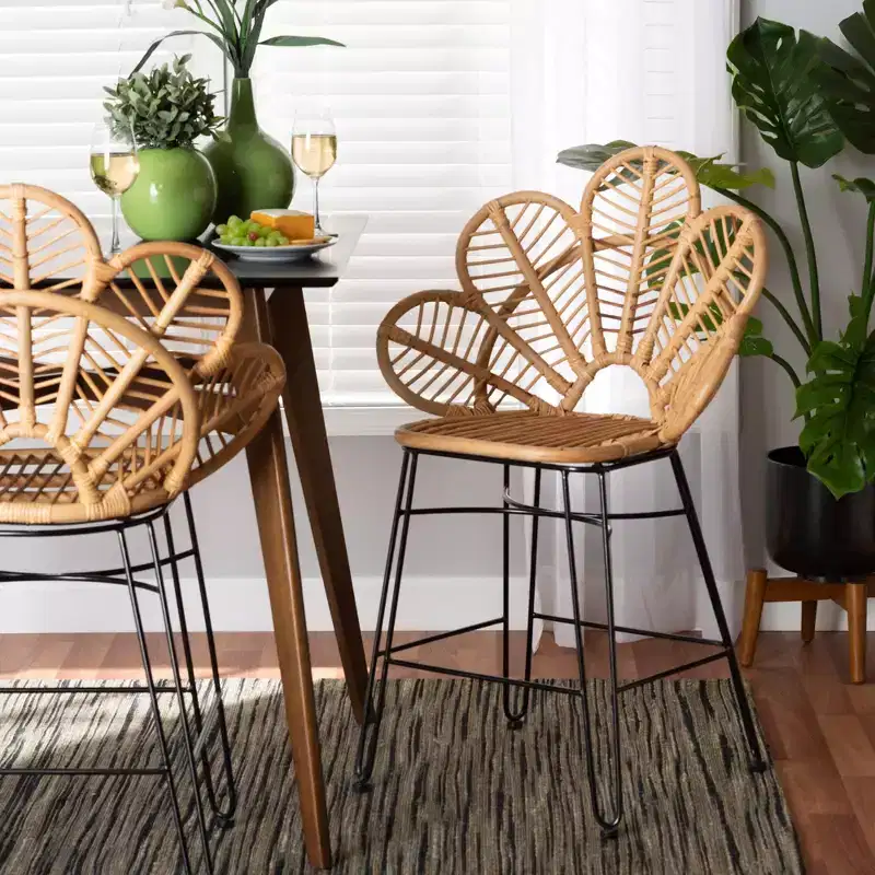 Rattan and Metal Counter Height Barstool Natural/Black - Bohemian Style, 24.5