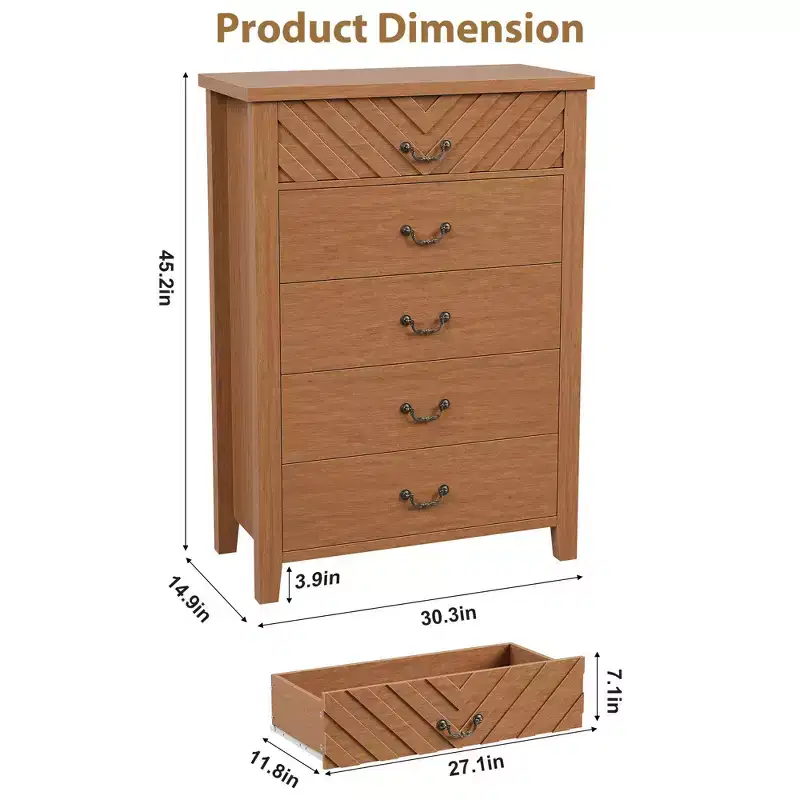 Farmhouse Wooden 45.2 Tall Vertical 5 Dresser Drawer for Bedroom with Storage Freestanding, Closet Storage Chest for Bedroom