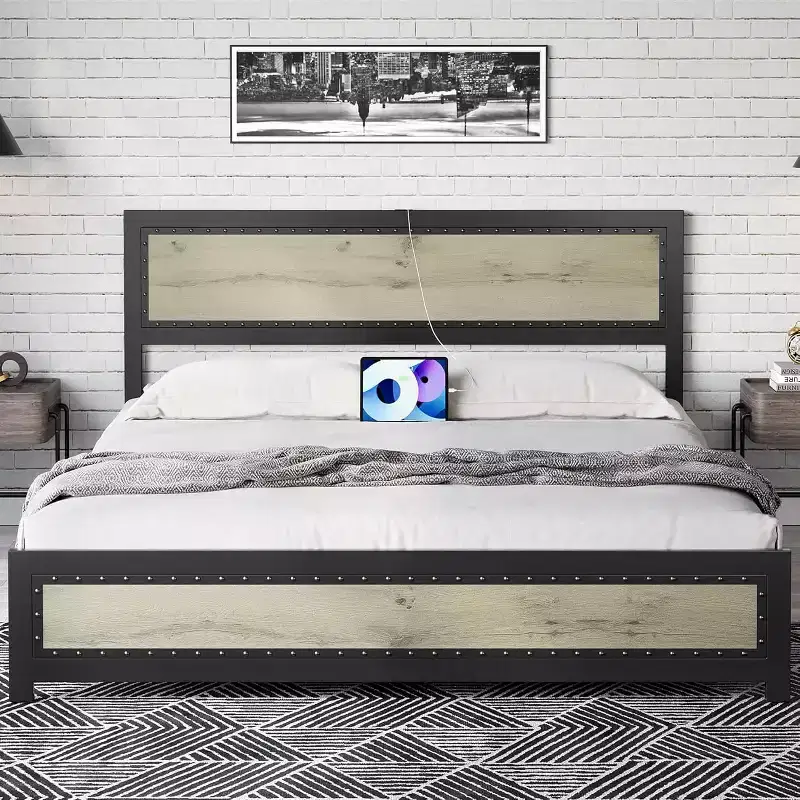 Bed Frame with Charging Station, Industrial Design Platform Bed Frame with Headboard and Metal Slated Frame, No Spring Box Need, Easy Assembly