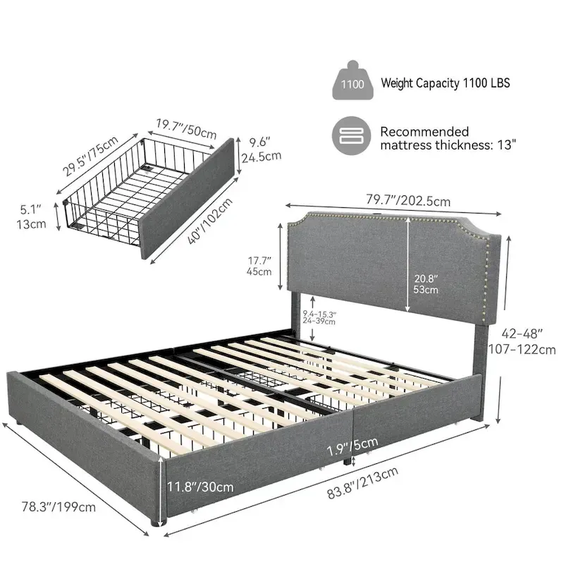 King Upholstered Platform Bed Frame with Curved Rivet Headboard and 4 Storage Drawers – Grey, 1-Unit