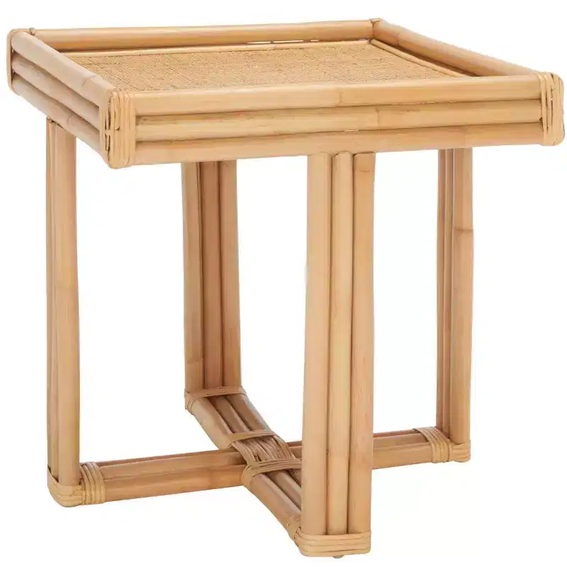 Square Rattan Accent Side Table, Natural Coastal Tray-Top End Table, No Assembly