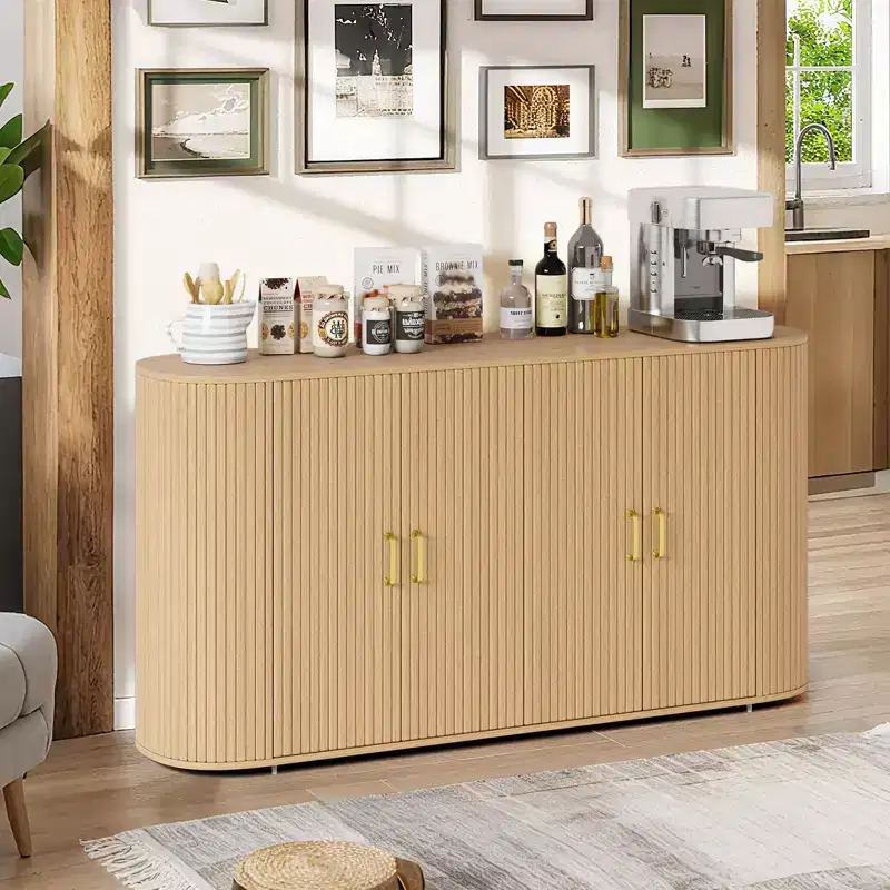 63 Buffet Sideboard Cabinet with Storage, Fluted Accent Credenza with Adjustable Shelves, Modern Sideboard Cabinet with Curvy Edge, Console Table