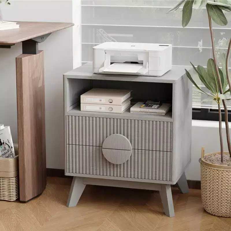 Fluted Wood Nightstands with Charging Station, 2 Drawers & Open Shelf for Bedroom or Living Room