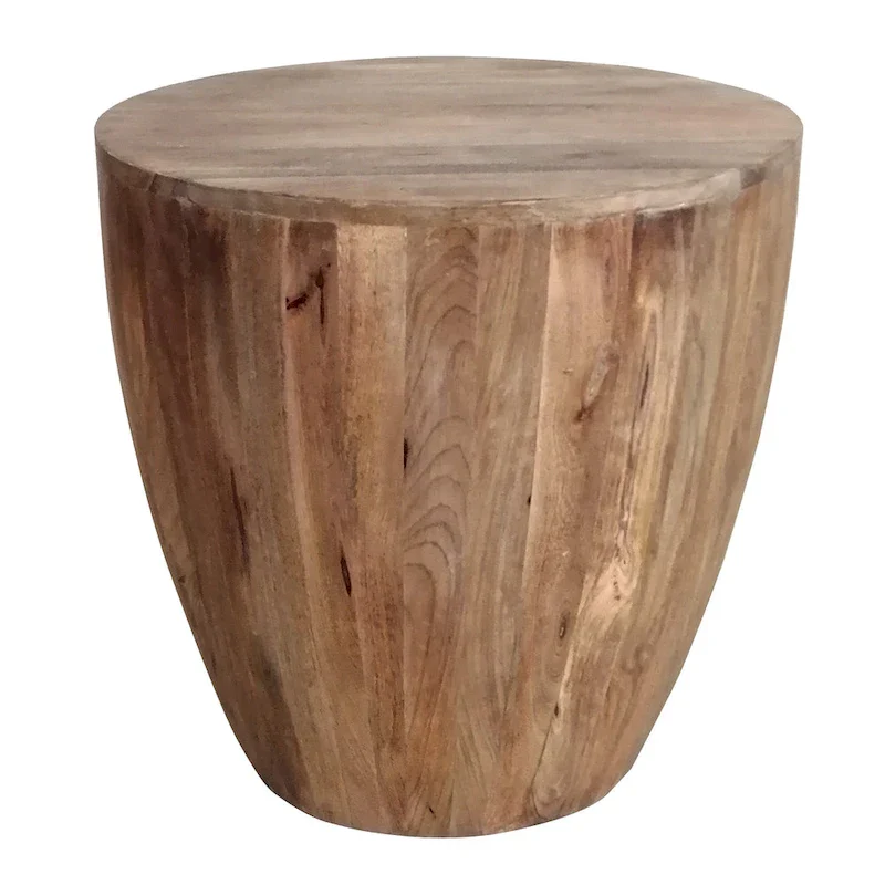 Arthur Handcarved Cylindrical Shape Round Mango Wood Distressed Wooden Side End Table, Brown