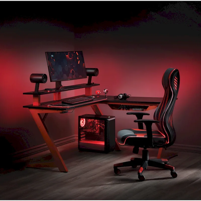 L-Shaped Gaming Desk with RGB LED Lights, USB Hub & Cable Management
