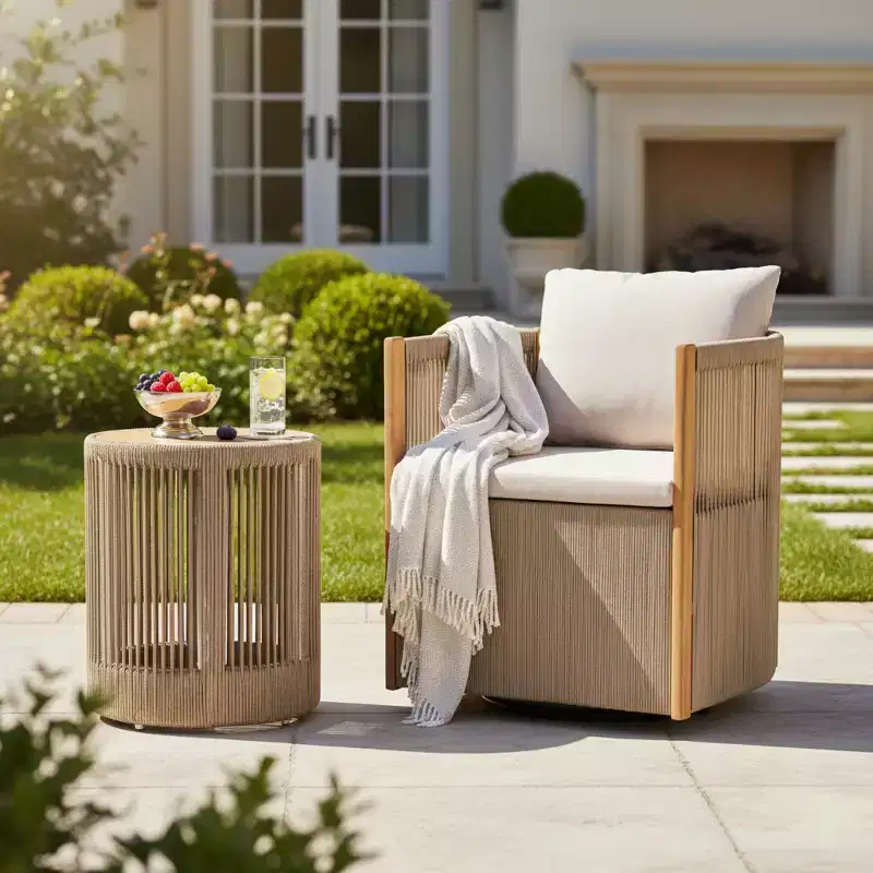 Christopher Knight Home Yamina Modern 2 Piece Outdoor Rope Swivel Chair and Acacia Wood Side Table Set