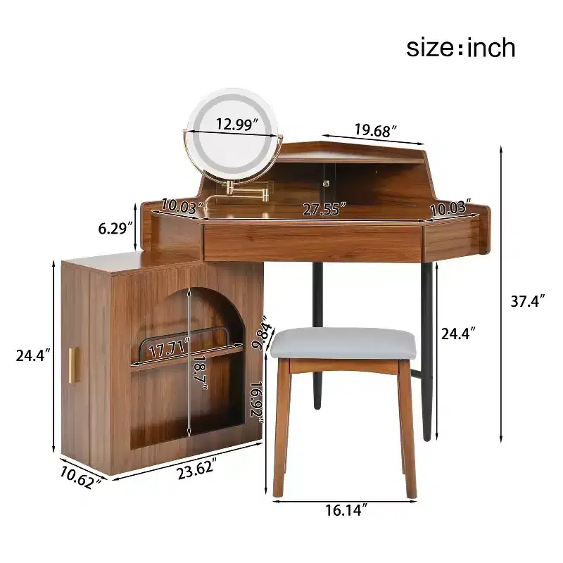 Corner Vanity Desk with Mirror, Modern Makeup Vanity Set With Stool & Cabinet, Wooden Dressing Table with Drawers for Bedroom Bathroom