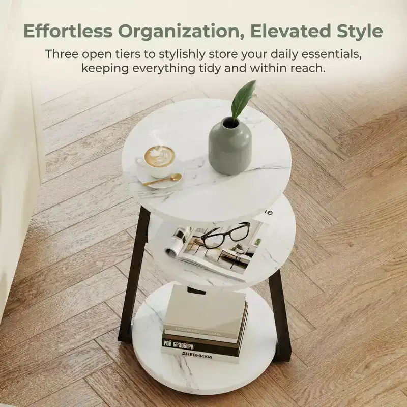 3-Tier Round Side Table with Storage, Modern White & Black End Table, Small Nightstand with Metal Frame for Bedroom Living Room Small Spaces