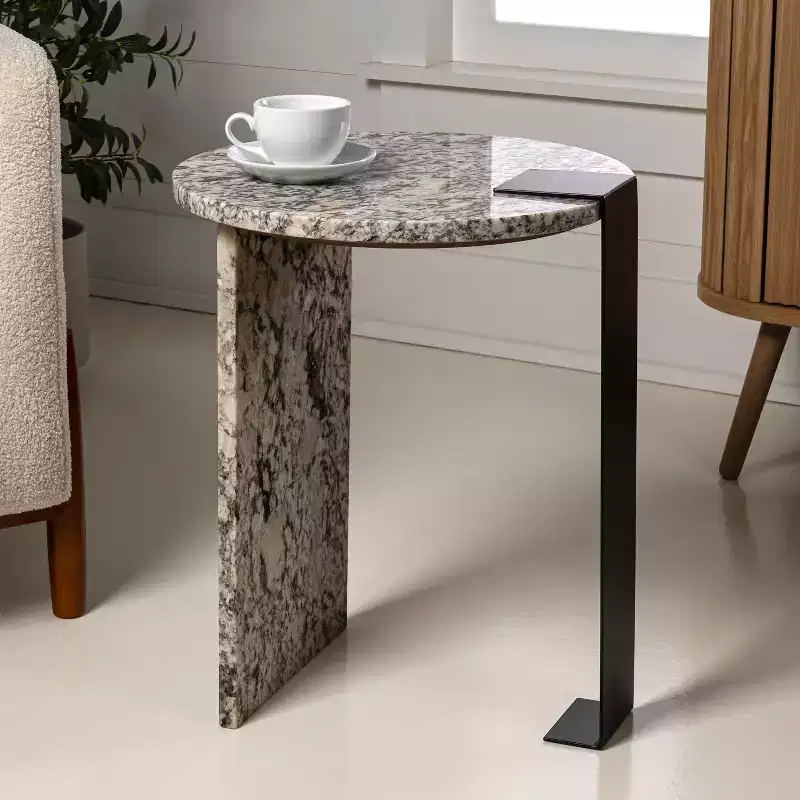 Contemporary Natural Marble & Metal Handmade Round End Table, 20.66