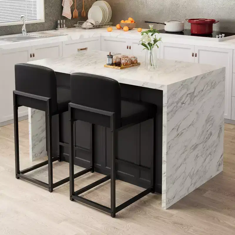 Modern Counter Height Bar Stools Set of 2, Black Faux Leather Upholstered Chairs with Backrest and Sturdy Metal Legs for Kitchen Island and Home Bar