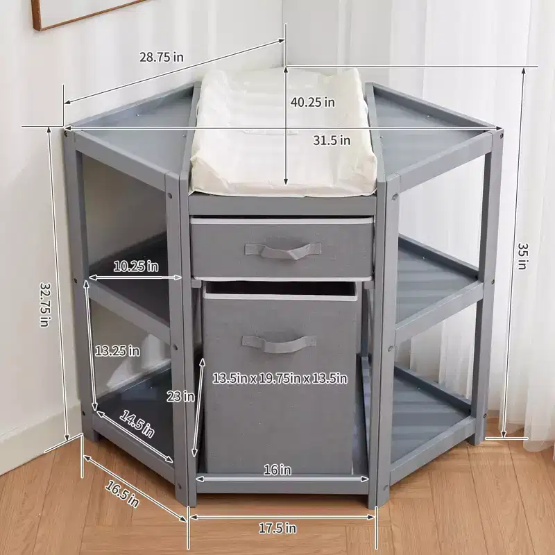 Baby Corner Changing Table C Gray, with Storage Drawer, Changing Pad & Laundry Hamper for Nursery Organization