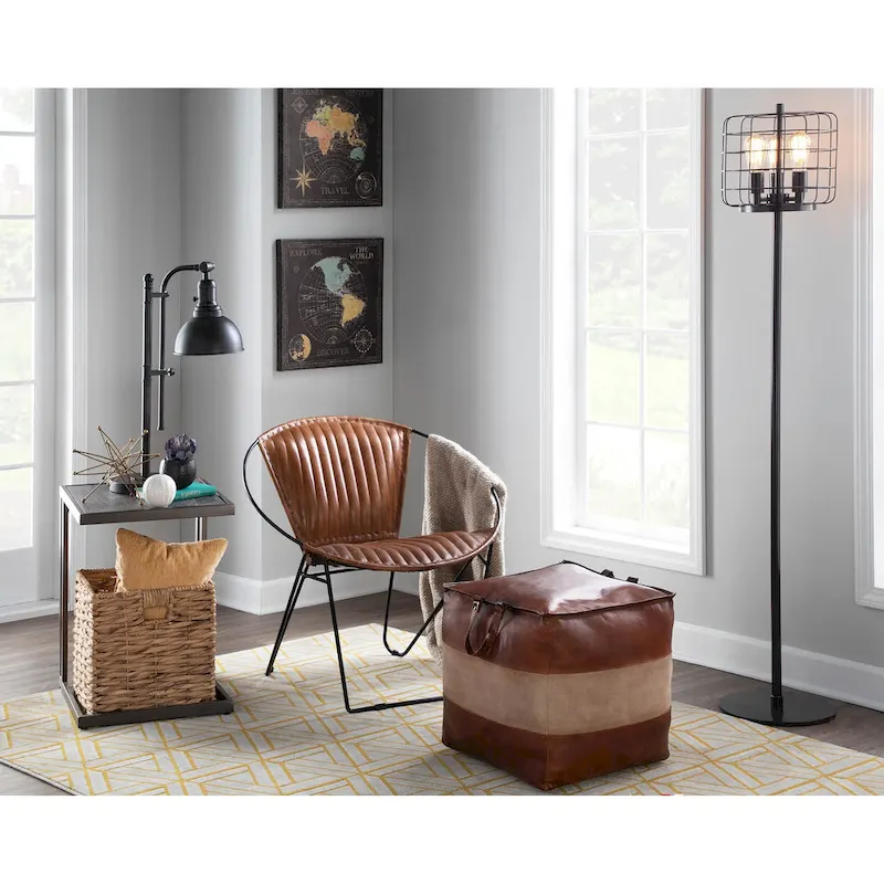 Leather & Canvas Pouf Ottoman – Brown/Tan, Black/Grey, Espresso/Tan – 1 Person