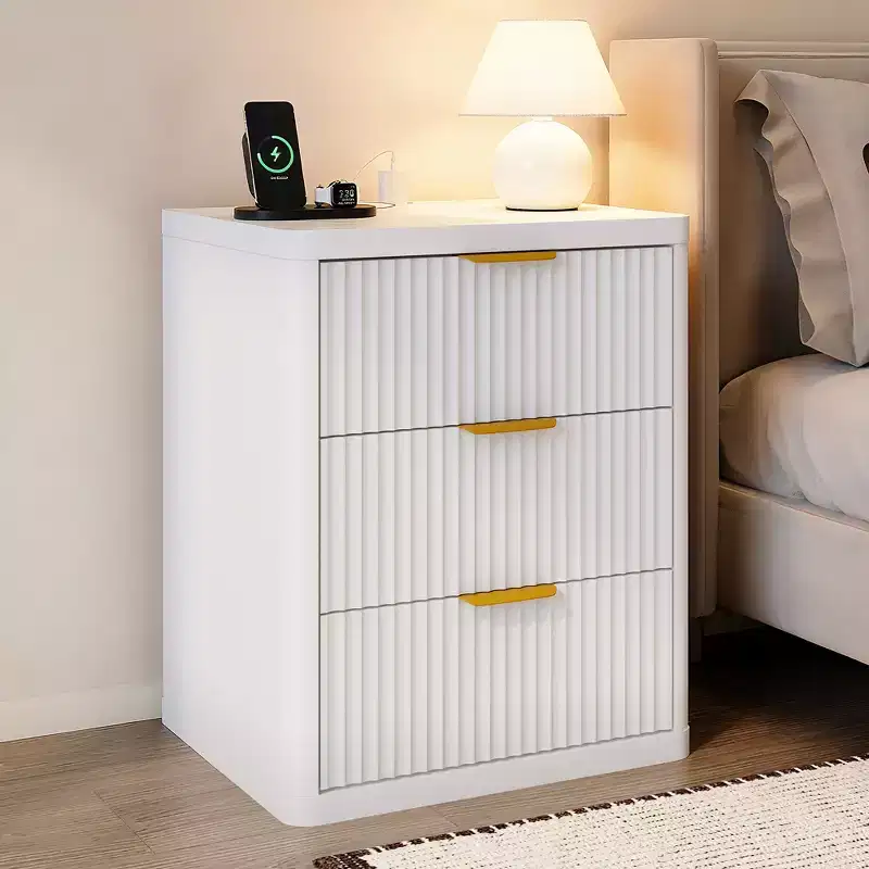 Acacia Wood Nightstand with 3 Drawers and Charging Station