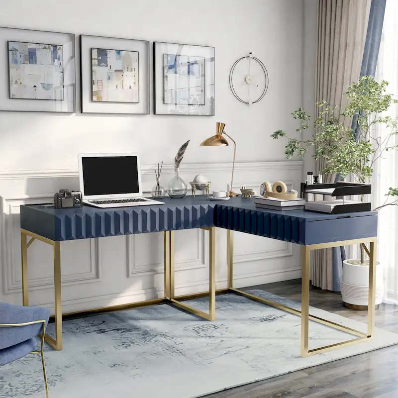 Bird Glam Metal Lift-top L-Shaped Computer Desk with USBs
