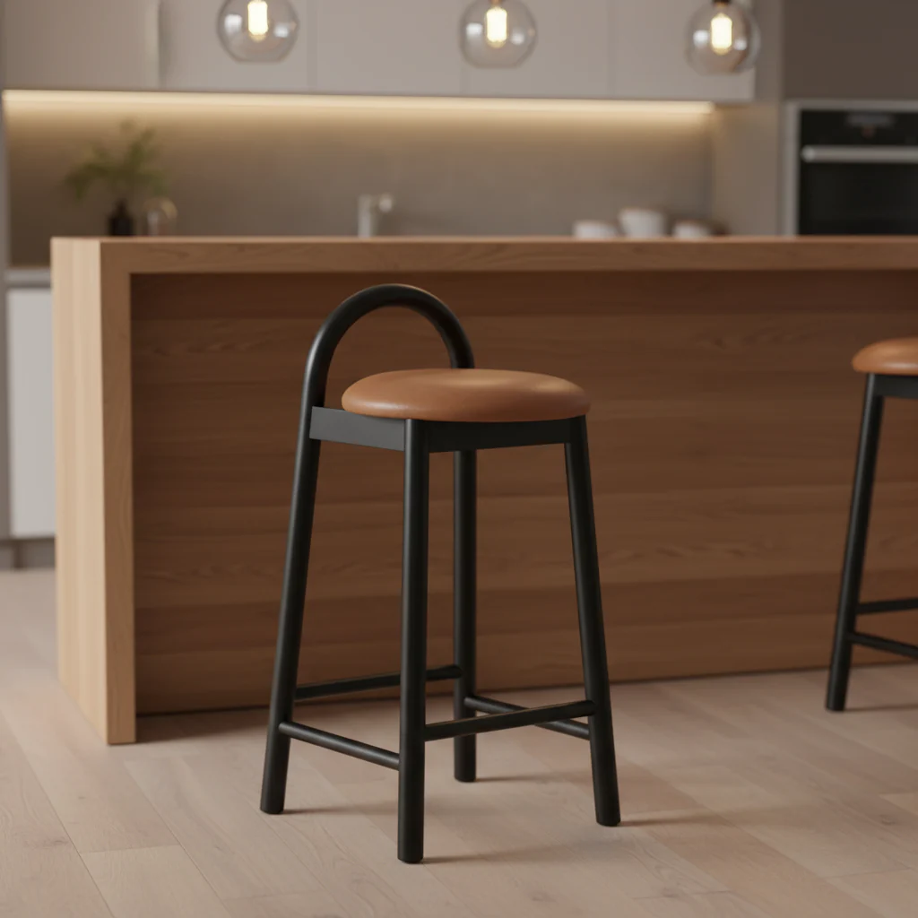 Cognac Faux Leather Counter Stool, Low Back, Black Wood Frame, Seats 1