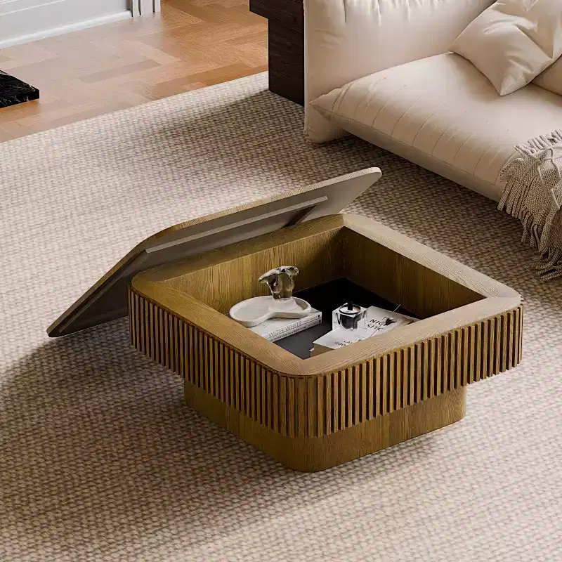 JVNOXK 31.5'' Square Coffee Table with Storage Solid Wood Veneered Modern Coffee Table Accent Tea Table for Living Room, Apartment or Office, Brown