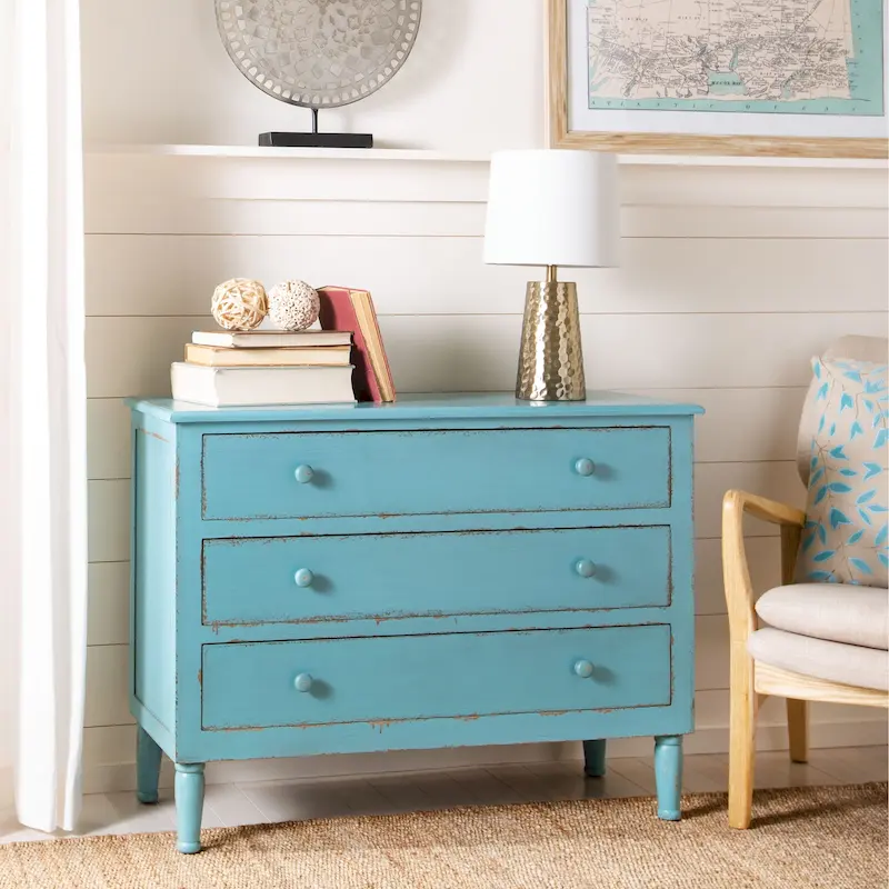 3-Drawer Storage Chest, Distressed Blue Finish, Vintage Country Style with Turned Legs