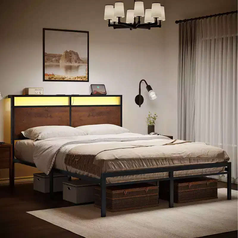 Vintage Bed Frame with Storage LED Headboard, No Box Spring Needed
