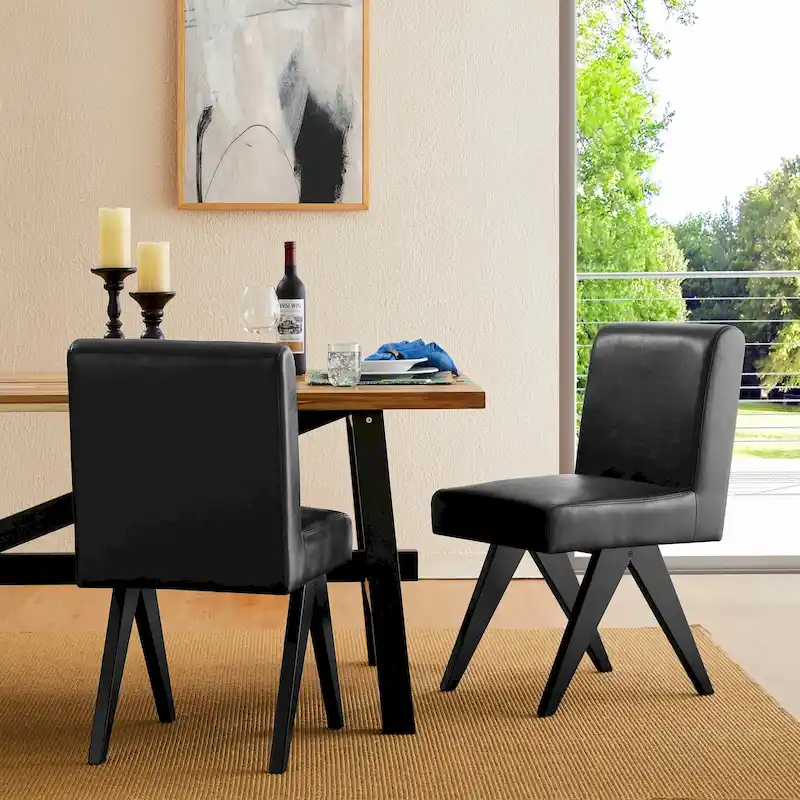 Faux Leather Upholstered Dining Chairs with V-Shaped Wood Legs