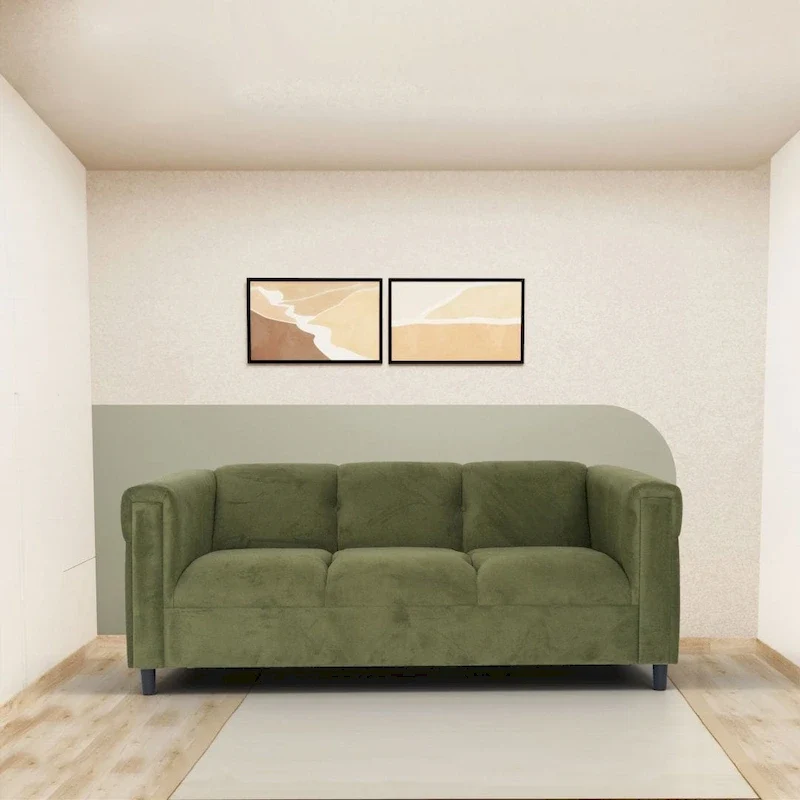Mid Century Modern 3 Seater Sofa Suede Solid Wood Frame Upholstered