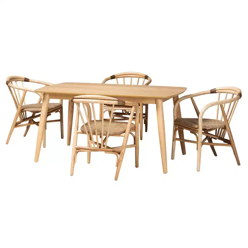 Kyoto Modern Bohemian Natural Brown Finished Wood and Rattan 5-Piece Dining Set