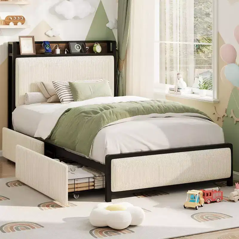 Twin Size Bed Frame with Storage Drawers & Charging Station - Rustic Velvet Upholstered Platform Bed, No Box Spring Needed