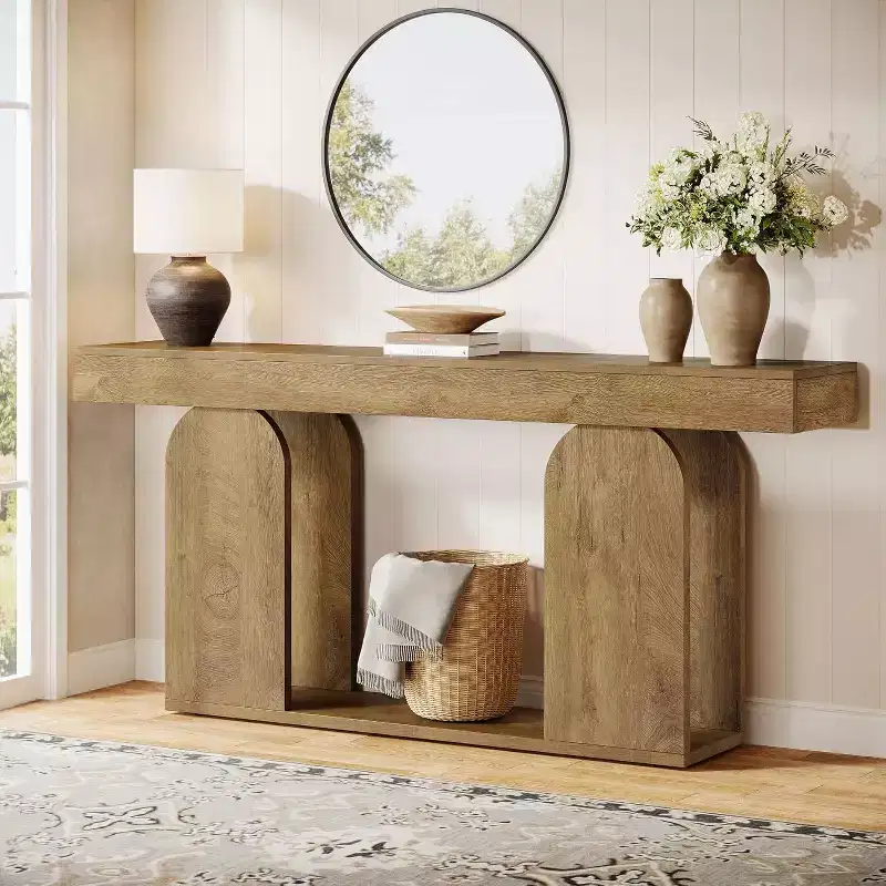Lantine 70.9-Inch Farmhouse Console Sofa Table with Wood Frame and 2-Tier Storage Shelf, Light Brown, Ideal for Living Room, Hallway, Foyer.