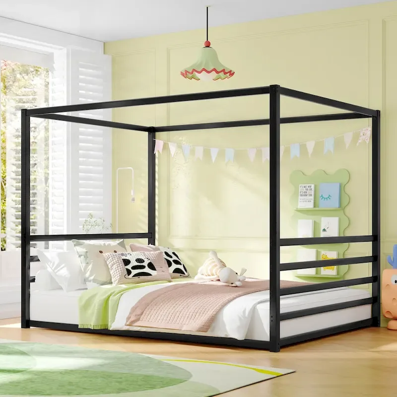 Modern Iron Double-Size Floor Bed with Multi-Functional Guardrails and Stable Structure