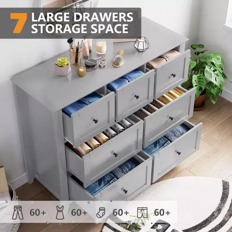 7 Drawer Bedroom Dresser, Modern Chest of Drawers, Wood Storage Double Dresser with Deep Drawers for Living Room, Gray