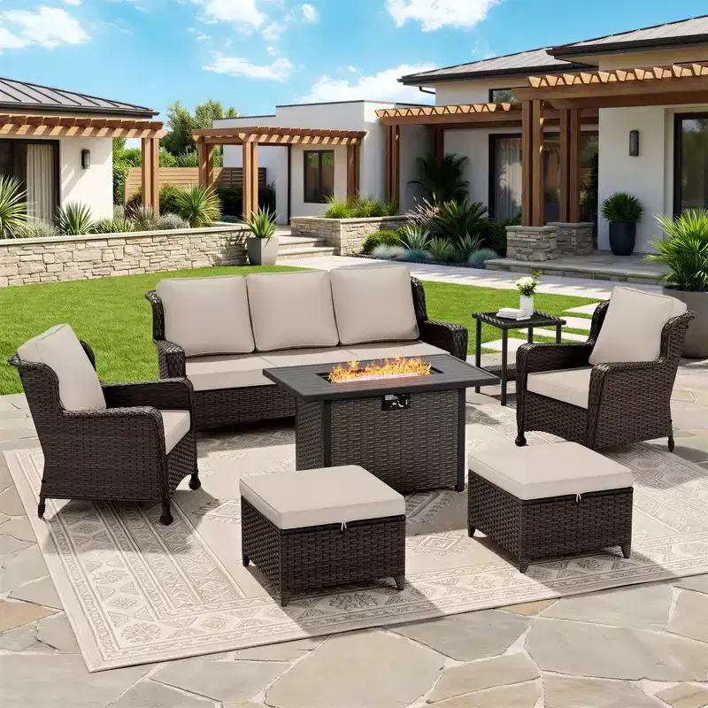 UPTIOT Outdoor Set: 3-Seat Sofa, Wicker Chairs, Fire Pit Table & Side Table