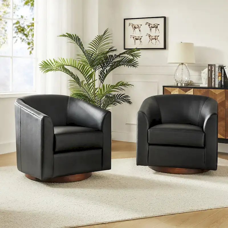 Haley Modern Swivel Barrel Faux Leather Chair with Solid Wood Base Set of 2