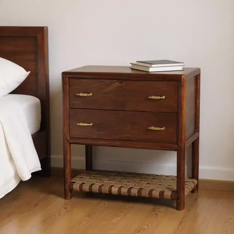 HomeRoots 32 Brown Solid Wood Two Drawer Nightstand With Leather Shelf