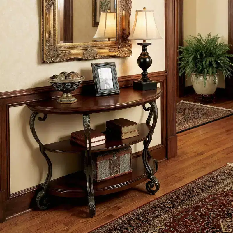 GDFStudio Nelly Traditional Solid Wood Console Table with Open Shelf and Ornate Scroll Metal Legs
