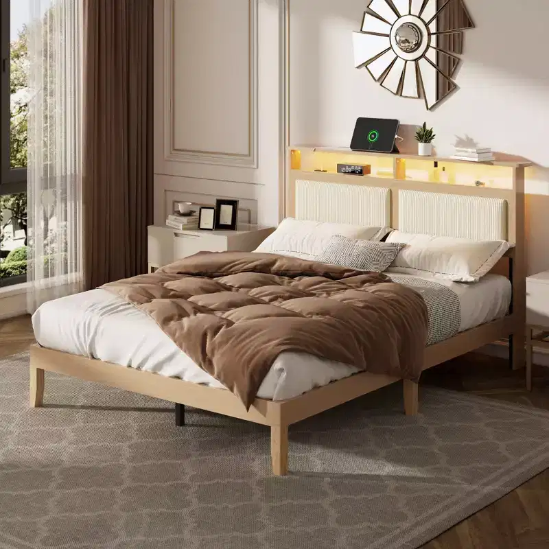 Modern Queen Bed Frame with Storage Headboard LED Lights Charging Station Corduroy Upholstered Bedframe Noise Free Wood Slats No Box Spring