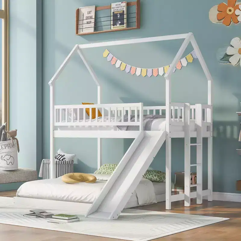 Whisen House Roof Design Twin over Full House Bunk Bed with Slide and Built-in Ladder