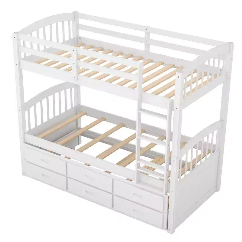 Twin over Twin Wood Bunk Bed with Ladder, Trundle & 3 Drawers – 400 lbs
