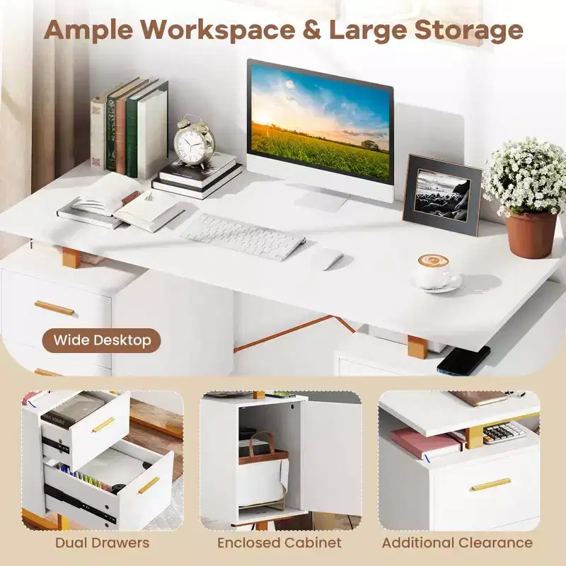 51 Home Office Desk with Floating Desktop Dual Drawers Cabinet & Metal Frame