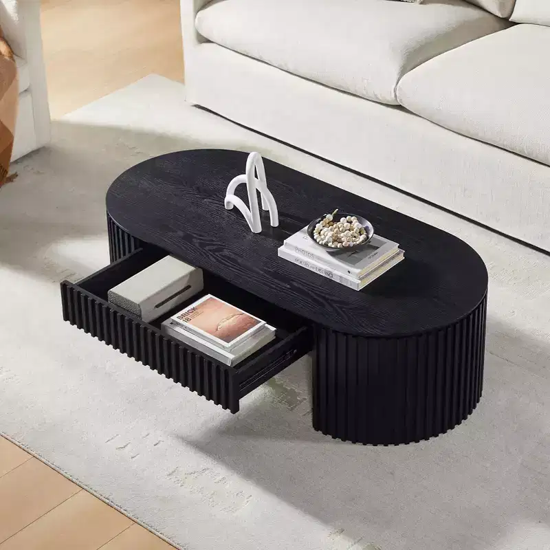 GDFStudio Manuel Modern Wooden Oval Pedestal Coffee Table with Drawer and Handcrafted Relief