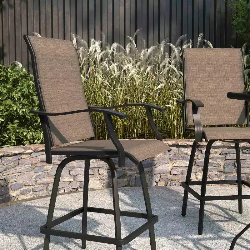 Merrick Lane Set of 2 Brett High Back Bar Height Swivel Patio Stools with Powder Coated Metal Frames and Textilene Upholstery