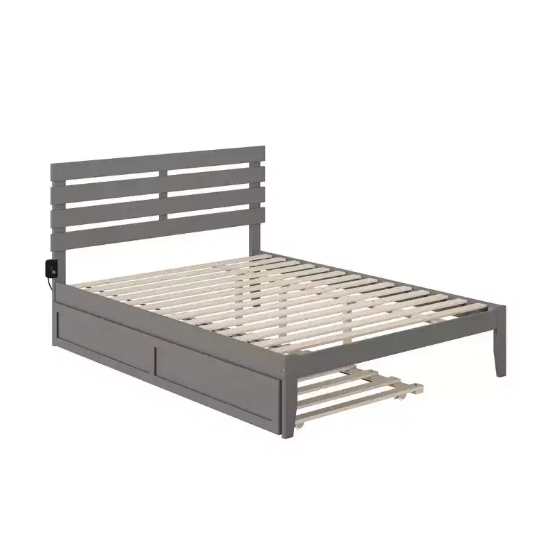Queen Bed with USB Turbo Charger and XL Trundle Gray: Solid Hardwood, No Box Spring Needed, Mid-Century Design