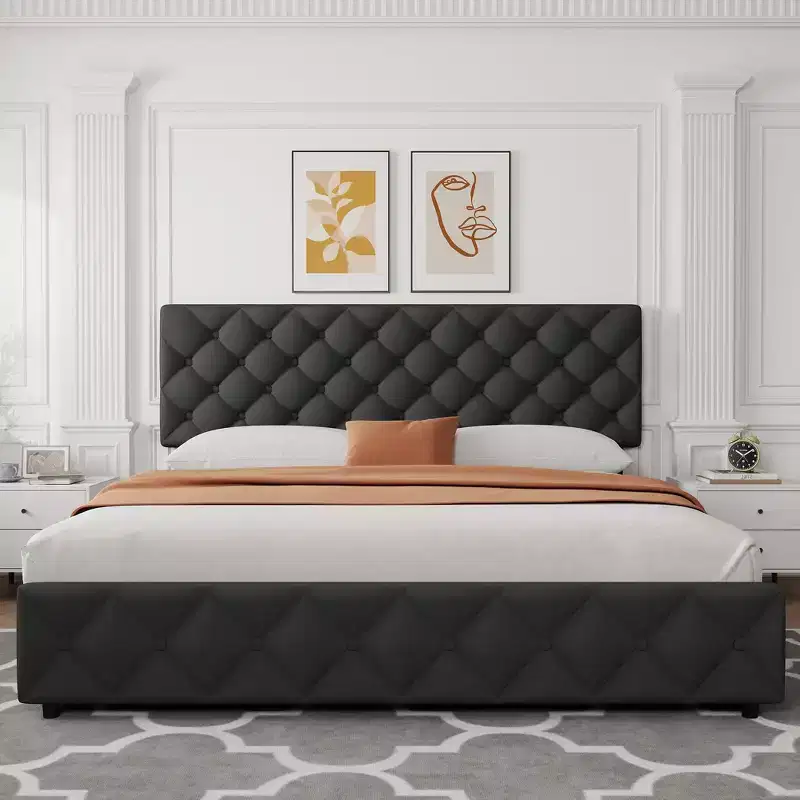 King Size Platform Bed Frame with Adjustable Headboard and 4 Drawers, Modern Grey Upholstered Bed Frame with Footboard, Wooden Slats Support