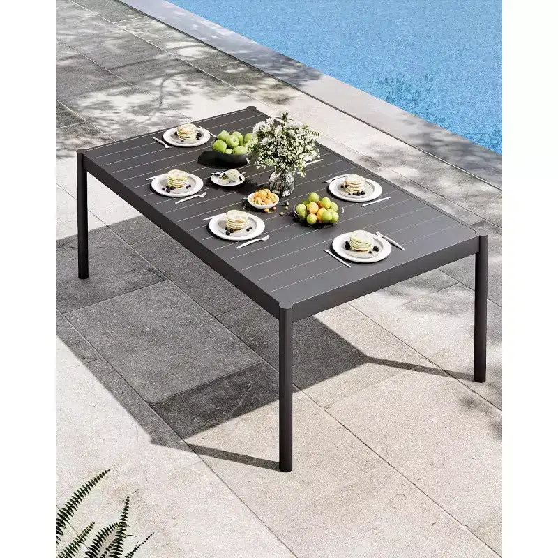 Patio Dining Table with Tempered Glass Desktop, Rectangular Outdoor Table, Weather-Resistant Dining Table