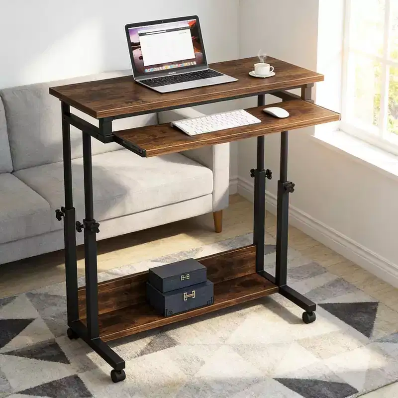 Office Desk with Wheels, Mobile Laptop Table with Hideaway Keyboard Tray, Height Adjustable Rolling Standing Desk for Home Office, Study, Bedroom