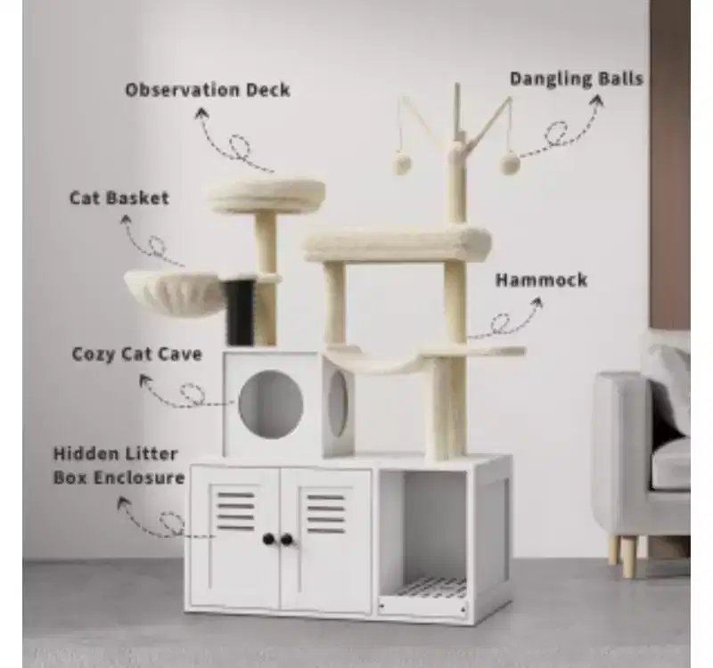 Cat Litter Box Cabinet with Cat Tree (PB Board + Plush)