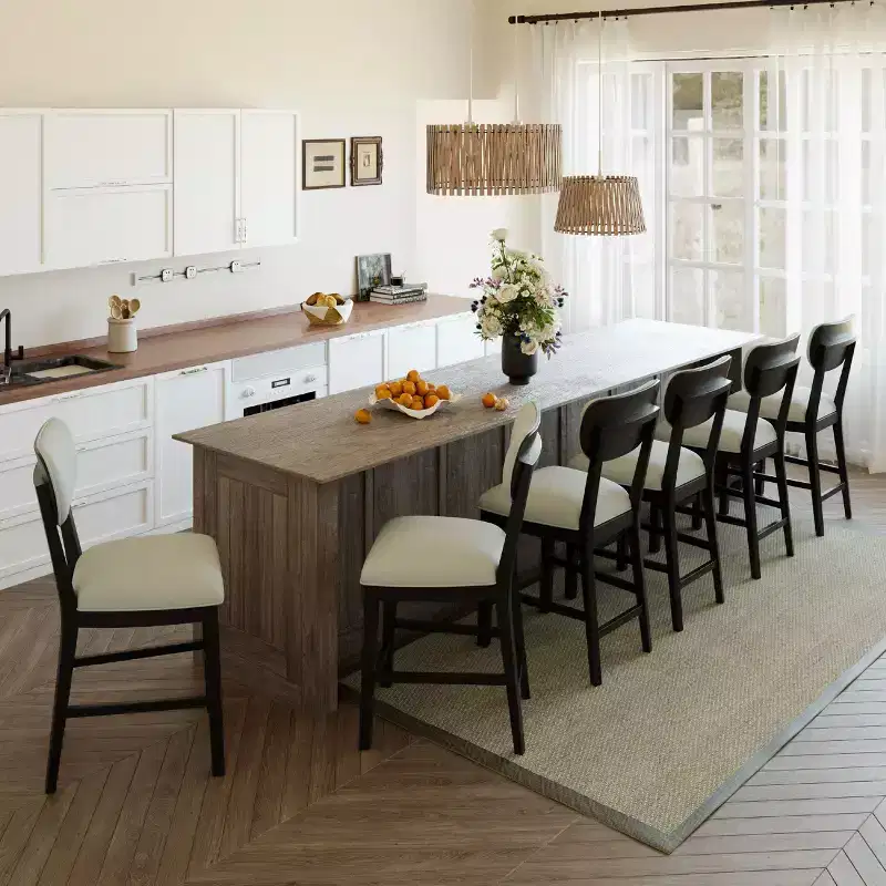 Solid Wood Farmhouse Upholstered Counter Height Bar Stools with Curved Back