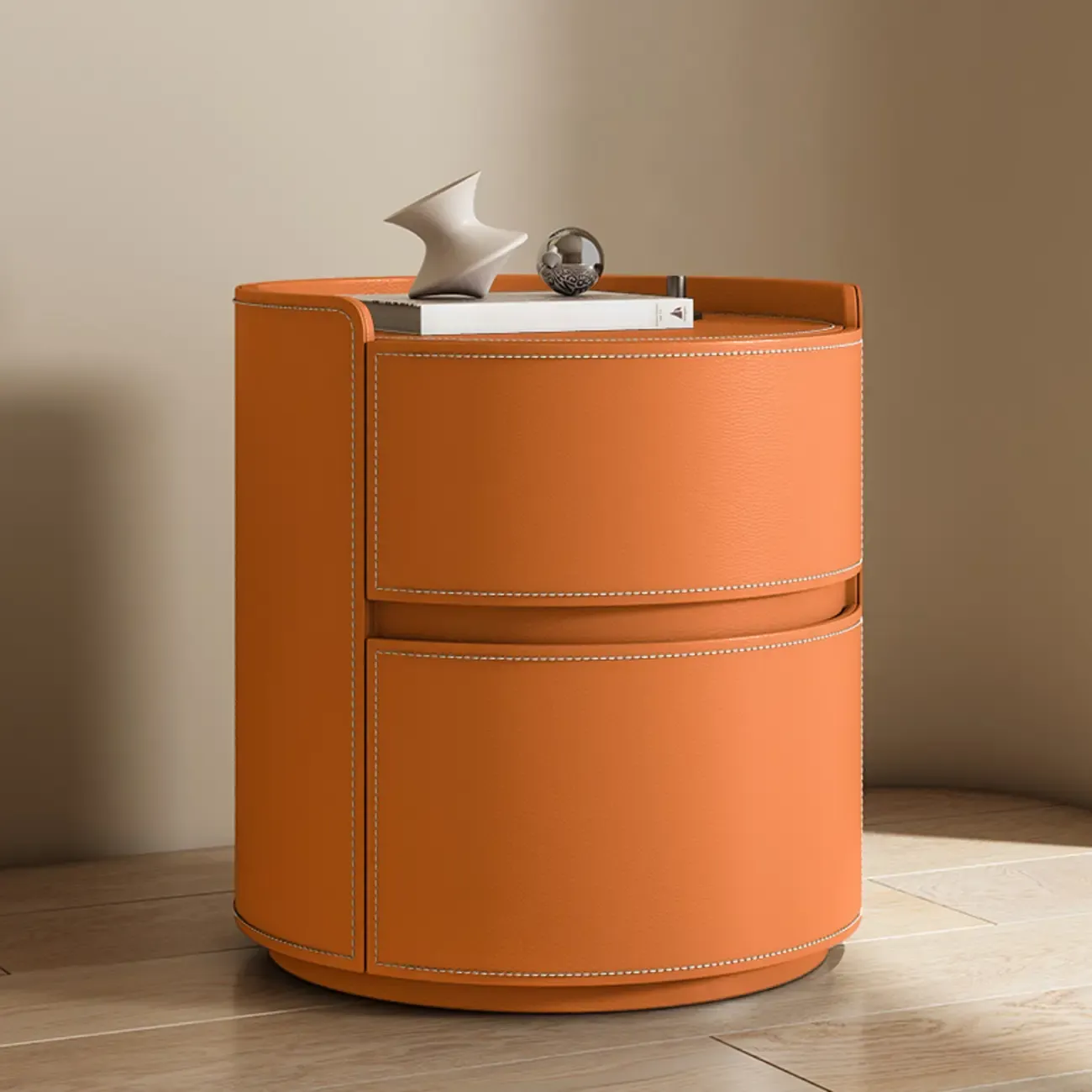 Modern Leather Tray Round 2-Drawer Nightstand