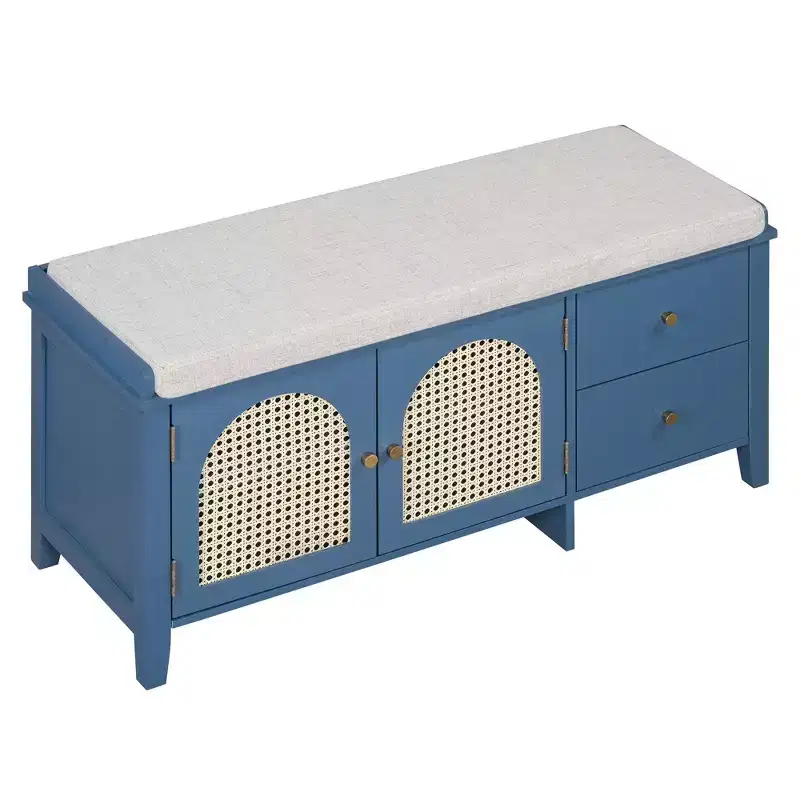 TUYOHW Shoe Storage Bench, Vintage Shoe Bench with Storage and Cushion, Shoe Bench with 2 Drawers and 2 Rattan Door for Entryway, Navy