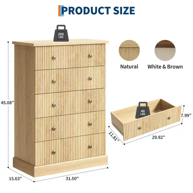 COZONY 45 Tall 5 Drawer Tall Dresser for Bedroom, Fluted Vertical Wood Chest with Metal Handles, Space Saving Storage for Apartment or Guest Room