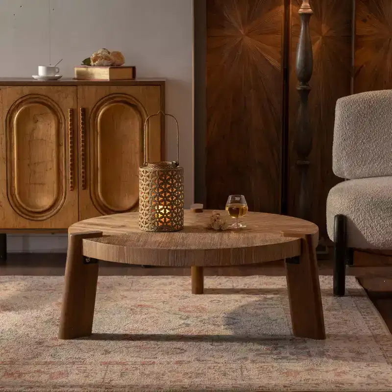 Wood Round Coffee Table for Living Room, Rustic Natural Coffee Table for Apartment