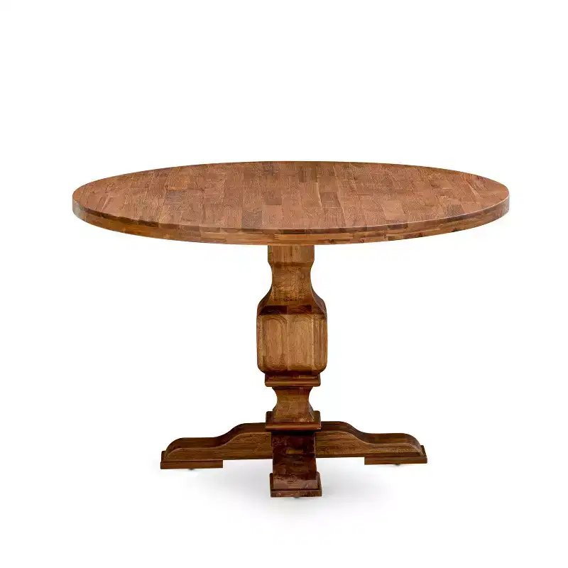 HomeStock Round Dining Table Pedestal Sandblasting Walnut Finish 48 Inch